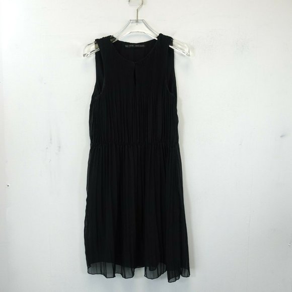 ZARA Basic‎ Black Ribbed Midi Dress LARGE Round Neck Sleeveless Front Button - Picture 1 of 11